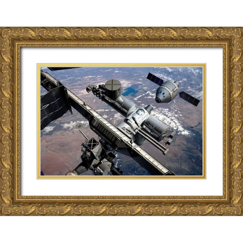 Orion Preparing to Dock with ISS, Project Constellation Gold Ornate Wood Framed Art Print with Double Matting by NASA