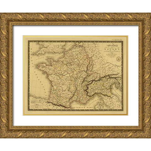 Carte generale des Gaules, 1821 - Tea Stained Gold Ornate Wood Framed Art Print with Double Matting by Brue, Adrien Hubert