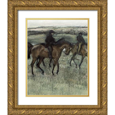 Race Horses (center) Gold Ornate Wood Framed Art Print with Double Matting by Degas, Edgar