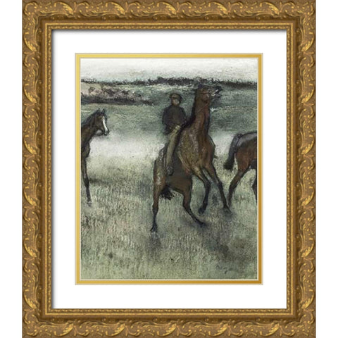Race Horses (right) Gold Ornate Wood Framed Art Print with Double Matting by Degas, Edgar
