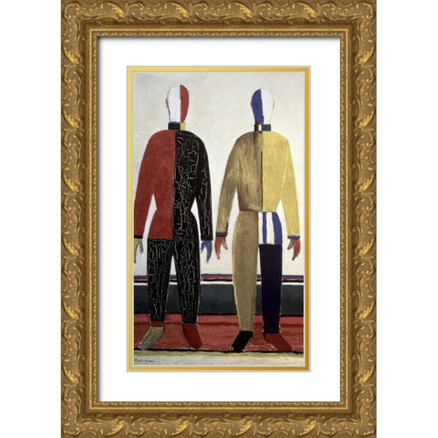 Sportsmen (left) Gold Ornate Wood Framed Art Print with Double Matting by Malevich, Kazimir