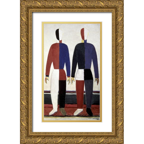 Sportsmen (right) Gold Ornate Wood Framed Art Print with Double Matting by Malevich, Kazimir