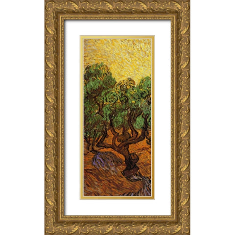 Olive Trees With Yellow Sky And Sun - left Gold Ornate Wood Framed Art Print with Double Matting by Van Gogh, Vincent
