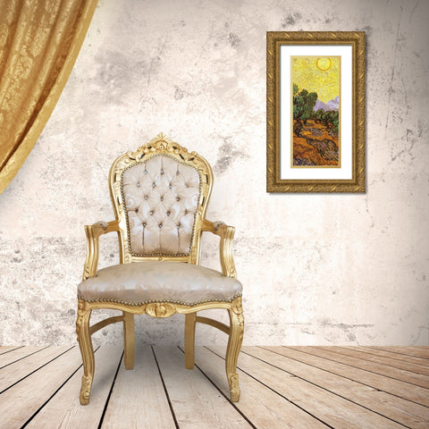 Olive Trees With Yellow Sky And Sun (center) Gold Ornate Wood Framed Art Print with Double Matting by Van Gogh, Vincent