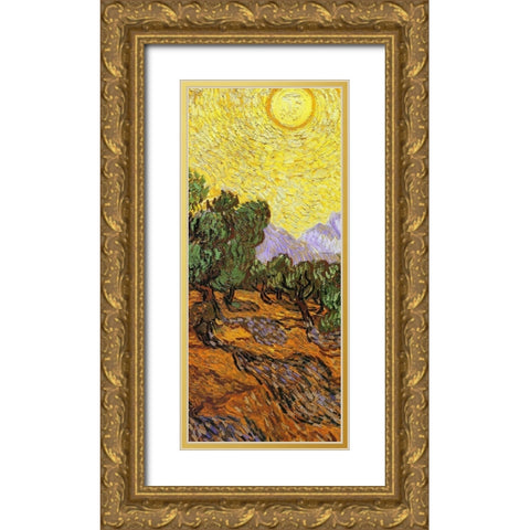 Olive Trees With Yellow Sky And Sun (center) Gold Ornate Wood Framed Art Print with Double Matting by Van Gogh, Vincent