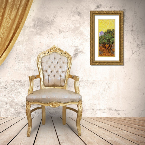Olive Trees With Yellow Sky And Sun (right) Gold Ornate Wood Framed Art Print with Double Matting by Van Gogh, Vincent