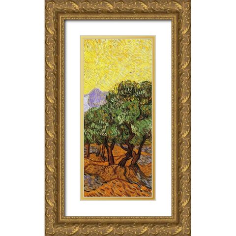 Olive Trees With Yellow Sky And Sun (right) Gold Ornate Wood Framed Art Print with Double Matting by Van Gogh, Vincent