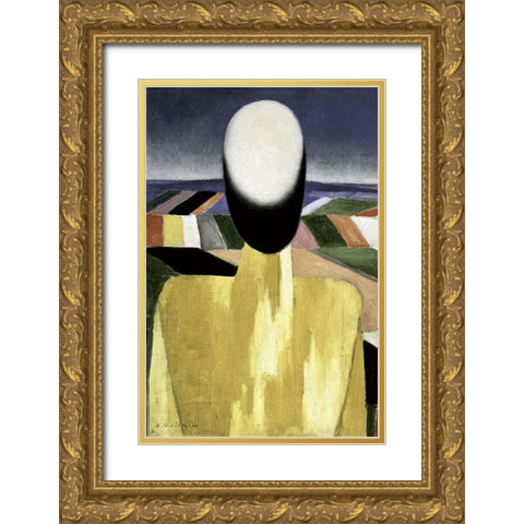 Two Farmers (left) Gold Ornate Wood Framed Art Print with Double Matting by Malevich, Kazimir