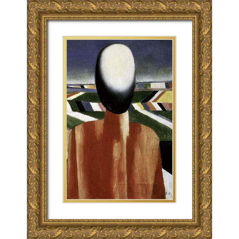 Two Farmers (right) Gold Ornate Wood Framed Art Print with Double Matting by Malevich, Kazimir