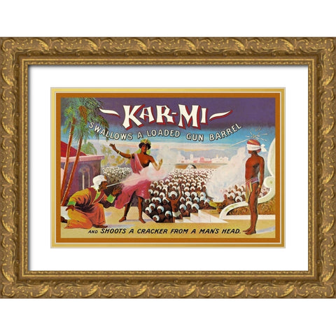 Magicians: Kar-Mi Swallows a Loaded Gun Barrel and Shoots a Cracker from a Mans Head Gold Ornate Wood Framed Art Print with Double Matting by Hallworth, Joseph B.