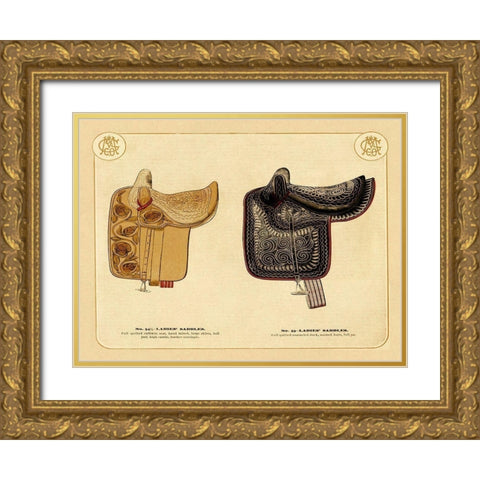 Saddles and Tack: Ladies Saddles #3 Gold Ornate Wood Framed Art Print with Double Matting by Unknown