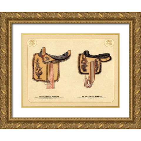 Saddles and Tack: Ladies Saddles #4 Gold Ornate Wood Framed Art Print with Double Matting by Unknown