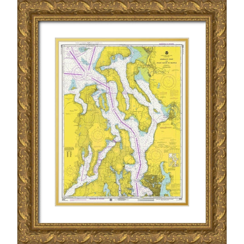 Nautical Chart - Admiralty Inlet and Puget Sound to Seattle ca. 1975 Gold Ornate Wood Framed Art Print with Double Matting by NOAA Historical Map and Chart Collection