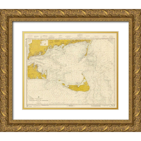 Nautical Chart - Nantucket Sound and Approaches ca. 1973 - Sepia Tinted Gold Ornate Wood Framed Art Print with Double Matting by NOAA Historical Map and Chart Collection