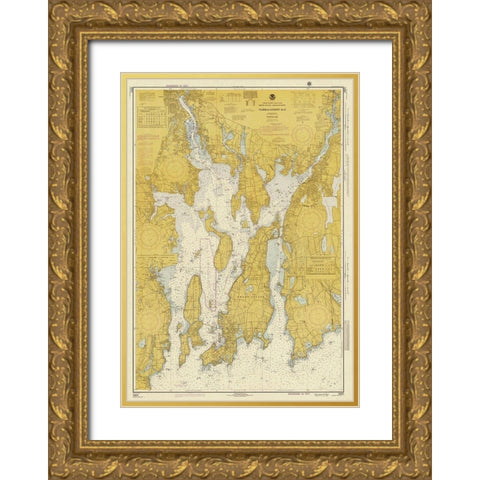 Nautical Chart - Narragansett Bay ca. 1975 - Sepia Tinted Gold Ornate Wood Framed Art Print with Double Matting by NOAA Historical Map and Chart Collection