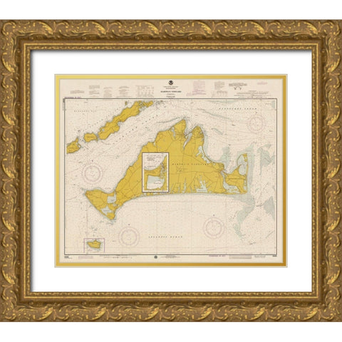 Nautical Chart - Marthas Vineyard ca. 1975 - Sepia Tinted Gold Ornate Wood Framed Art Print with Double Matting by NOAA Historical Map and Chart Collection