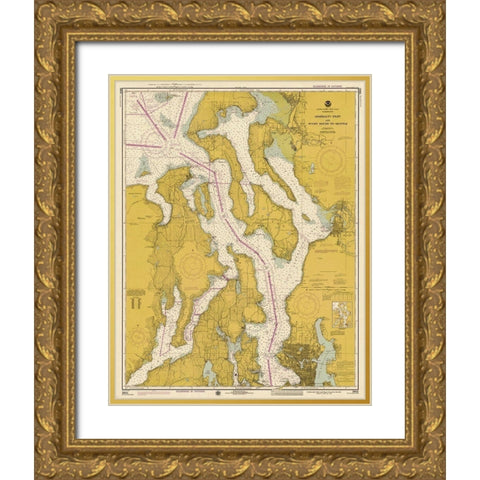 Nautical Chart - Admiralty Inlet and Puget Sound to Seattle ca. 1975 - Sepia Tinted Gold Ornate Wood Framed Art Print with Double Matting by NOAA Historical Map and Chart Collection
