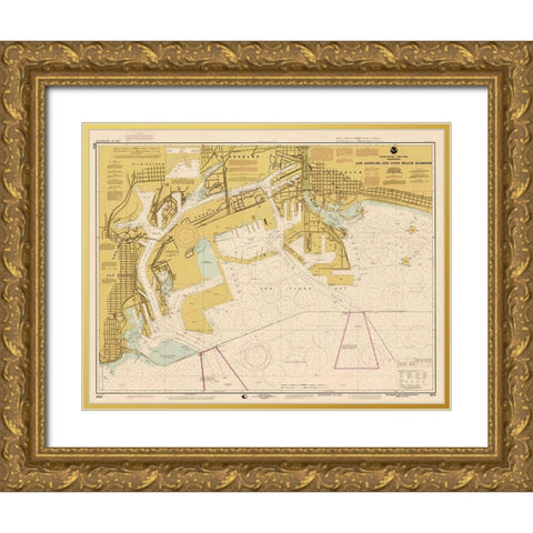 Nautical Chart - Los Angeles and Long Beach Harbors ca. 1998 - Sepia Tinted Gold Ornate Wood Framed Art Print with Double Matting by NOAA Historical Map and Chart Collection