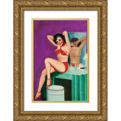 Mid-Century Pin-Ups - Bedtime Stories Gold Ornate Wood Framed Art Print with Double Matting by Driben, Peter