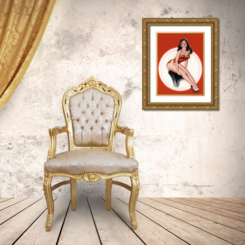 Mid-Century Pin-Ups - Eyeful Magazine - Brunette in a Red Bathing suit Gold Ornate Wood Framed Art Print with Double Matting by Driben, Peter