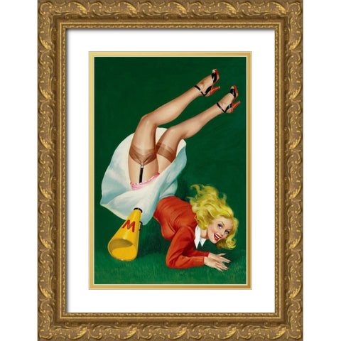 Mid-Century Pin-Ups - Titter Magazine - Cheerleader Gold Ornate Wood Framed Art Print with Double Matting by Driben, Peter
