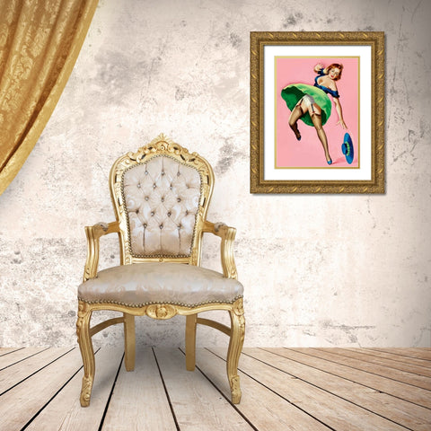 Mid-Century Pin-Ups - Wink Magazine - Strong Wind Gold Ornate Wood Framed Art Print with Double Matting by Driben, Peter