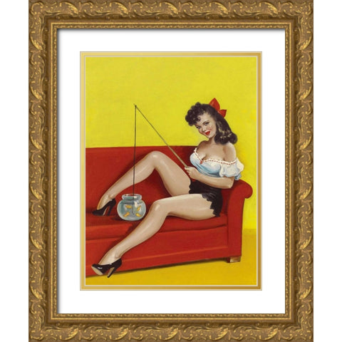 Mid-Century Pin-Ups - Joker Magazine - Fishin n funny Gold Ornate Wood Framed Art Print with Double Matting by Driben, Peter