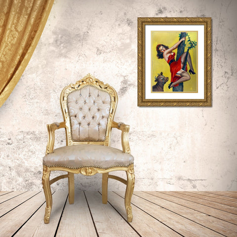 Mid-Century Pin-Ups - Moo - Up a tree Gold Ornate Wood Framed Art Print with Double Matting by Driben, Peter