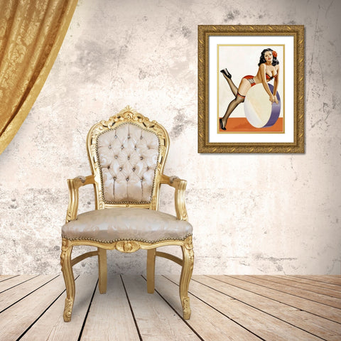 Mid-Century Pin-Ups - Over a drum Gold Ornate Wood Framed Art Print with Double Matting by Driben, Peter