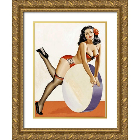 Mid-Century Pin-Ups - Over a drum Gold Ornate Wood Framed Art Print with Double Matting by Driben, Peter