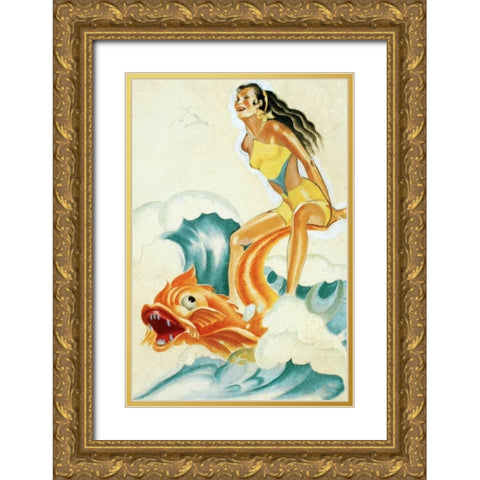 Mid-Century Pin-Ups - Whisper Magazine - Wave Rider Gold Ornate Wood Framed Art Print with Double Matting by Driben, Peter