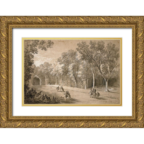 Park Scene Gold Ornate Wood Framed Art Print with Double Matting by Oudry, Jean-Baptiste