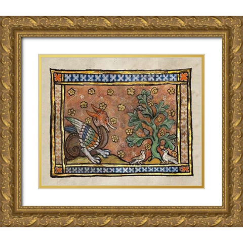 A Dragon Charging Two Doves (detail) Gold Ornate Wood Framed Art Print with Double Matting by Franco-Flemish 13th Century