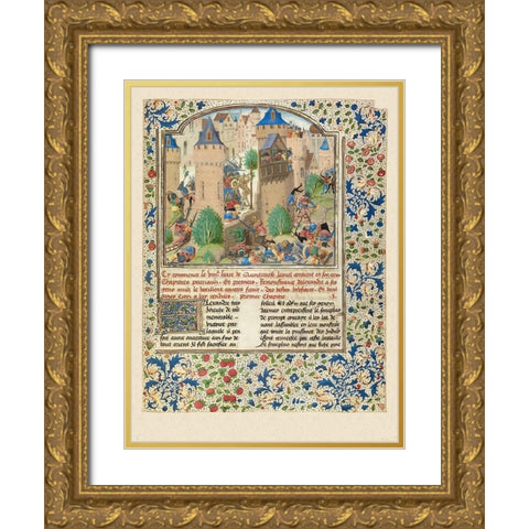 Alexander Fights in the Town of the Sudracae Gold Ornate Wood Framed Art Print with Double Matting by Master of the Jardin de vertueuse consolation