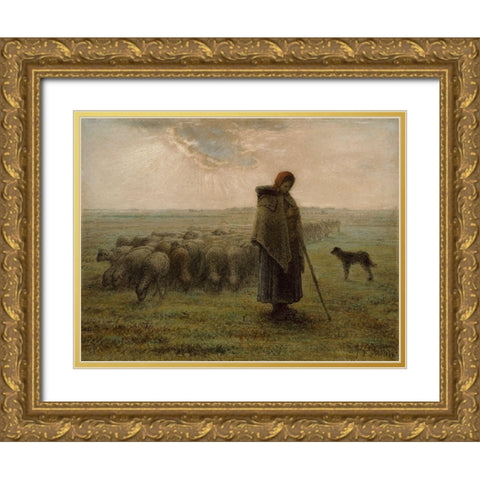 Shepherdess and Her Flock Gold Ornate Wood Framed Art Print with Double Matting by Millet, Jean-FranÃ§ois