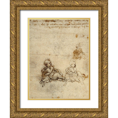 Studies for the Christ Child with a Lamb (recto) Gold Ornate Wood Framed Art Print with Double Matting by Da Vinci, Leonardo