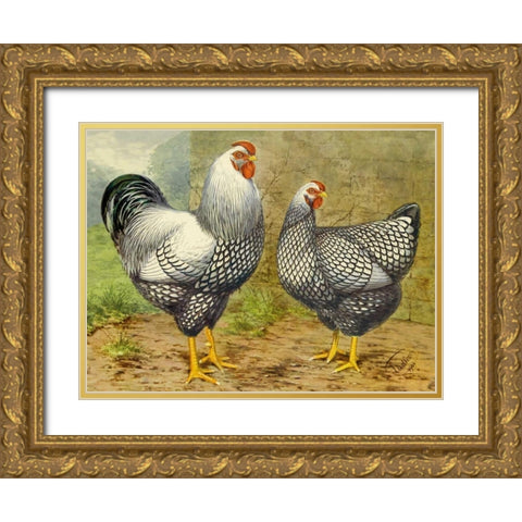 Chickens: Silver Laced Wyandottes Gold Ornate Wood Framed Art Print with Double Matting by Wright, Lewis