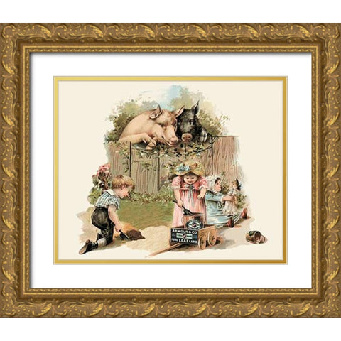 Pigs and Pork: Curious Pigs Gold Ornate Wood Framed Art Print with Double Matting by Advertisement