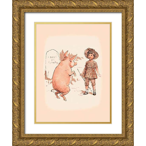 Pigs and Pork: Pig on Hind Legs and Little Girl Gold Ornate Wood Framed Art Print with Double Matting by Advertisement
