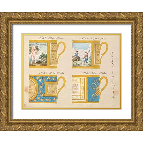Quatre tasses avec fond dor, ca. 1800-1820 Gold Ornate Wood Framed Art Print with Double Matting by Honore