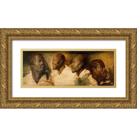 Four Studies of a Male Head Gold Ornate Wood Framed Art Print with Double Matting by Peter Paul Rubens, Workshop of