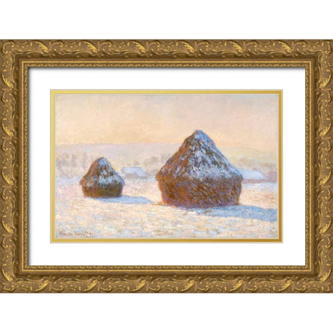 Wheatstacks, Snow Effect, Morning - Meules, Effet de Neige, Le Matin Gold Ornate Wood Framed Art Print with Double Matting by Monet, Claude