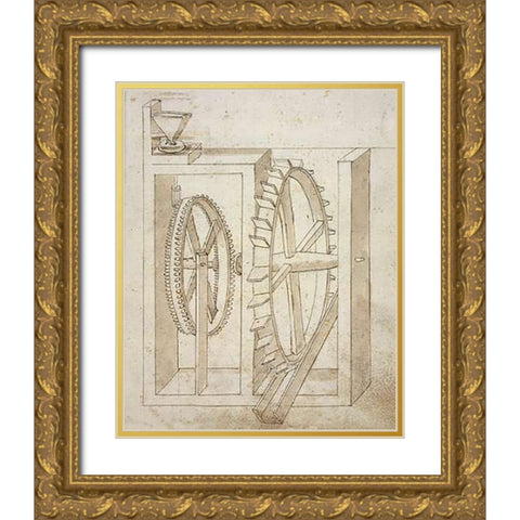 Folio 14: mill with undershot water wheel Gold Ornate Wood Framed Art Print with Double Matting by Martini, Francesco di
