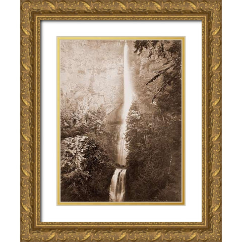 Multnomah Falls, Columbia River, Oregon, 2500 feet., 1867 Gold Ornate Wood Framed Art Print with Double Matting by Watkins, Carleton