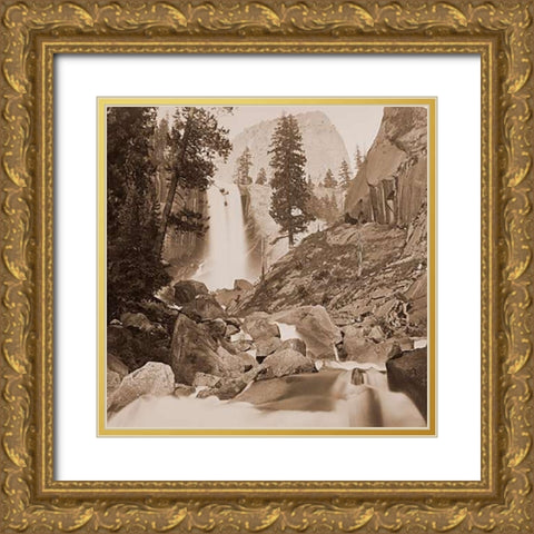 Piwayac - Vernal Fall - 300 ft. Yosemite, California, 1861 Gold Ornate Wood Framed Art Print with Double Matting by Watkins, Carleton