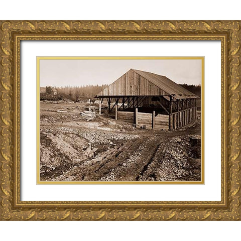 Oswego Iron Works, Willamette River, Oregon, 1867 Gold Ornate Wood Framed Art Print with Double Matting by Watkins, Carleton