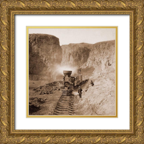 First Construction Train passing the Palisades, Ten Mile Canon, Nevada, 1866-1869 Gold Ornate Wood Framed Art Print with Double Matting by Hart, Alfred A.