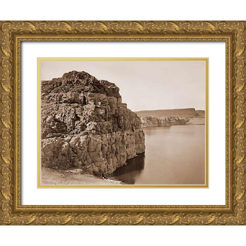 The Dalles, Extremes of High and Low Water, 92 ft./Head of the Dalles, Columbia River, Oregon, about Gold Ornate Wood Framed Art Print with Double Matting by Watkins, Carleton