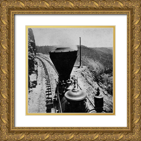 Rounding Cape Horn. Road to Iowa Hill from the river, in the distance. Black and white. Gold Ornate Wood Framed Art Print with Double Matting by Hart, Alfred A.