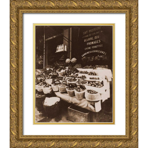 Rue Sainte-Opportune - Produce Display, rue Sainte-Opportune. Sepia Gold Ornate Wood Framed Art Print with Double Matting by Atget, Eugene